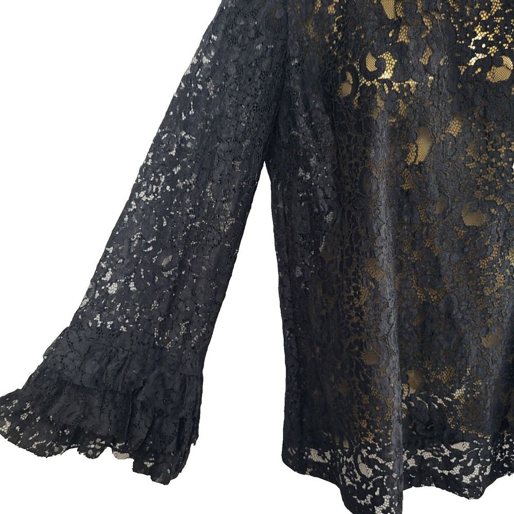 ZARA X-Small Sheer Black Lace Blouse Pullover Bell Sleeves 3 Tiered Lace Cuff - Picture 12 of 14